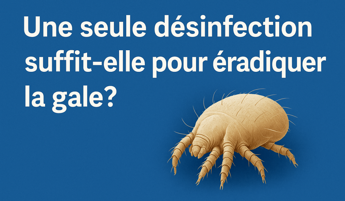 Illustration d’un acarien de la gale accompagné de la question « Une seule désinfection suffit-elle pour éradiquer la gale ? » sur fond bleu.