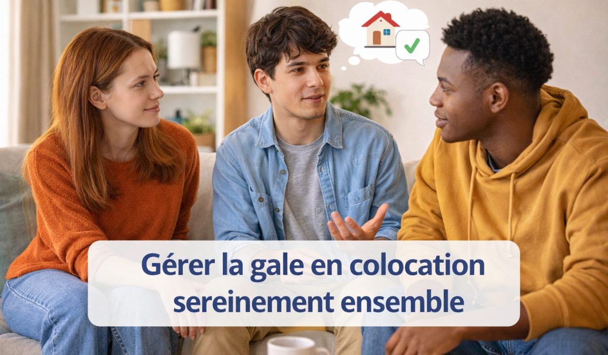 Trois colocataires assis sur un canapé discutant calmement, illustrant une gestion collective et sereine de la gale en colocation.