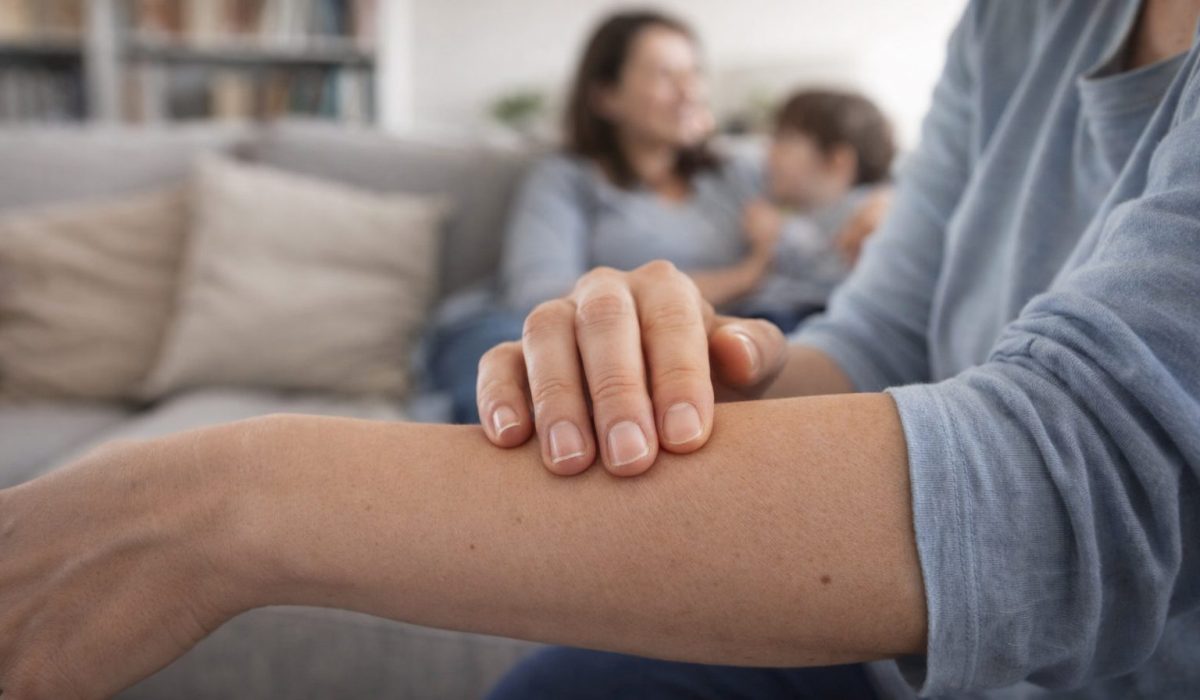 Bras avec une peau apaisée et sans lésions, illustrant la fin de la gale et le retour à une vie quotidienne normale après traitement.