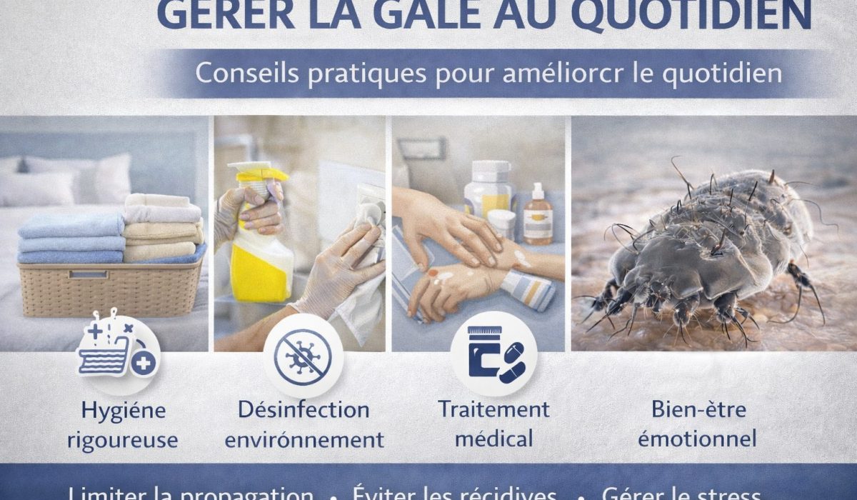 Infographie illustrant la gestion de la gale au quotidien avec hygiène rigoureuse, désinfection de l’environnement, traitement médical et bien-être émotionnel.