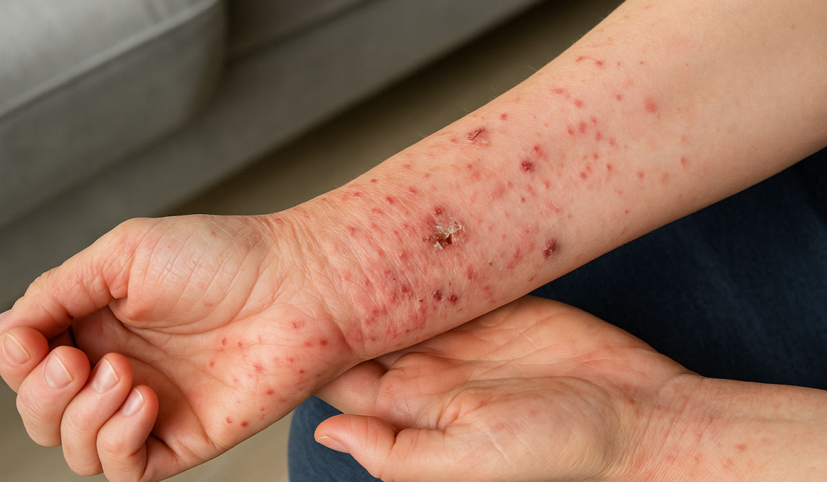 Photo horizontale réaliste montrant un avant-bras présentant des lésions rouges typiques de la gale, dans un environnement neutre et bien éclairé, sans présence de médecin.